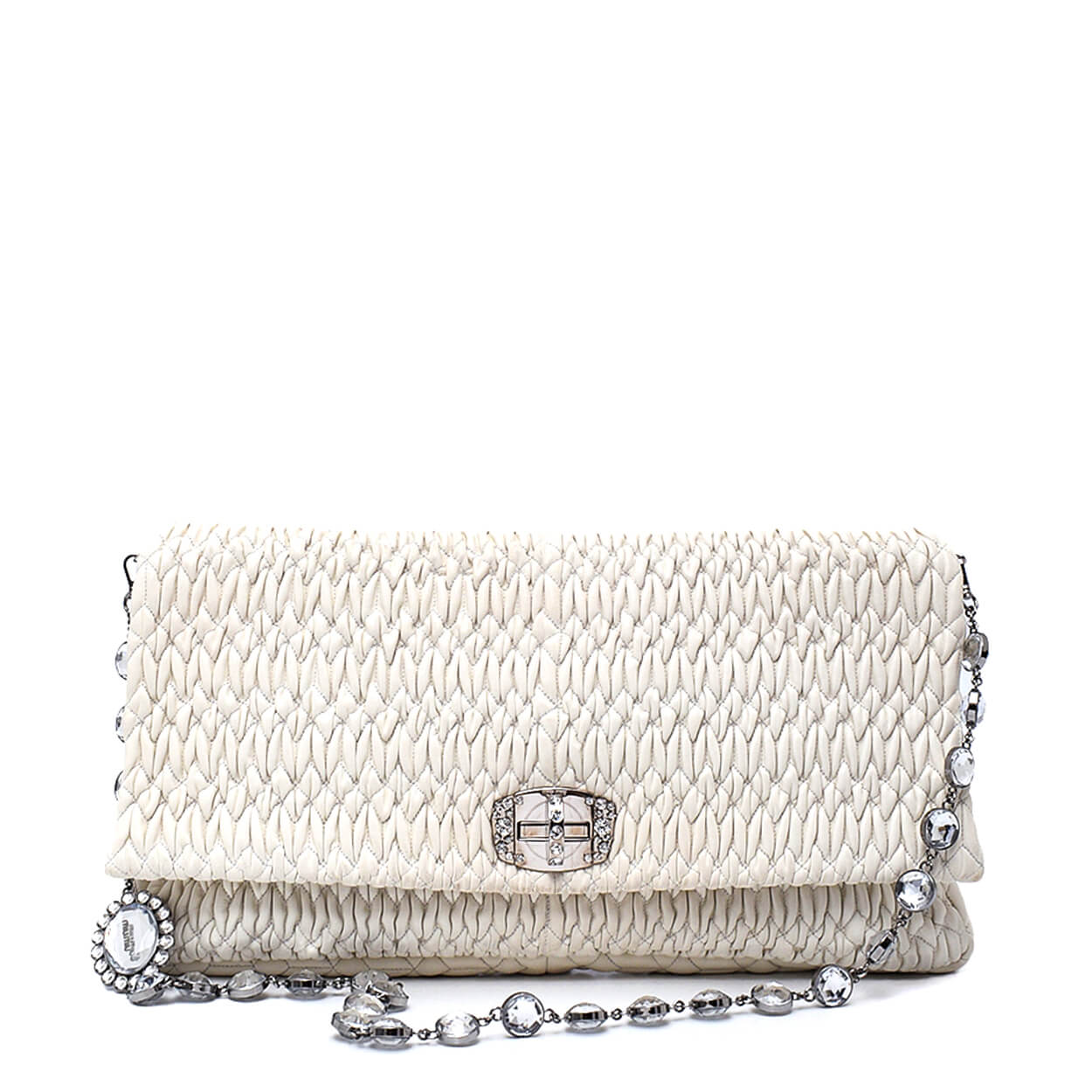 Miu Miu - Cream Matelassse Leather Oversized Bag w Iconic Crystal Cloque w Strap